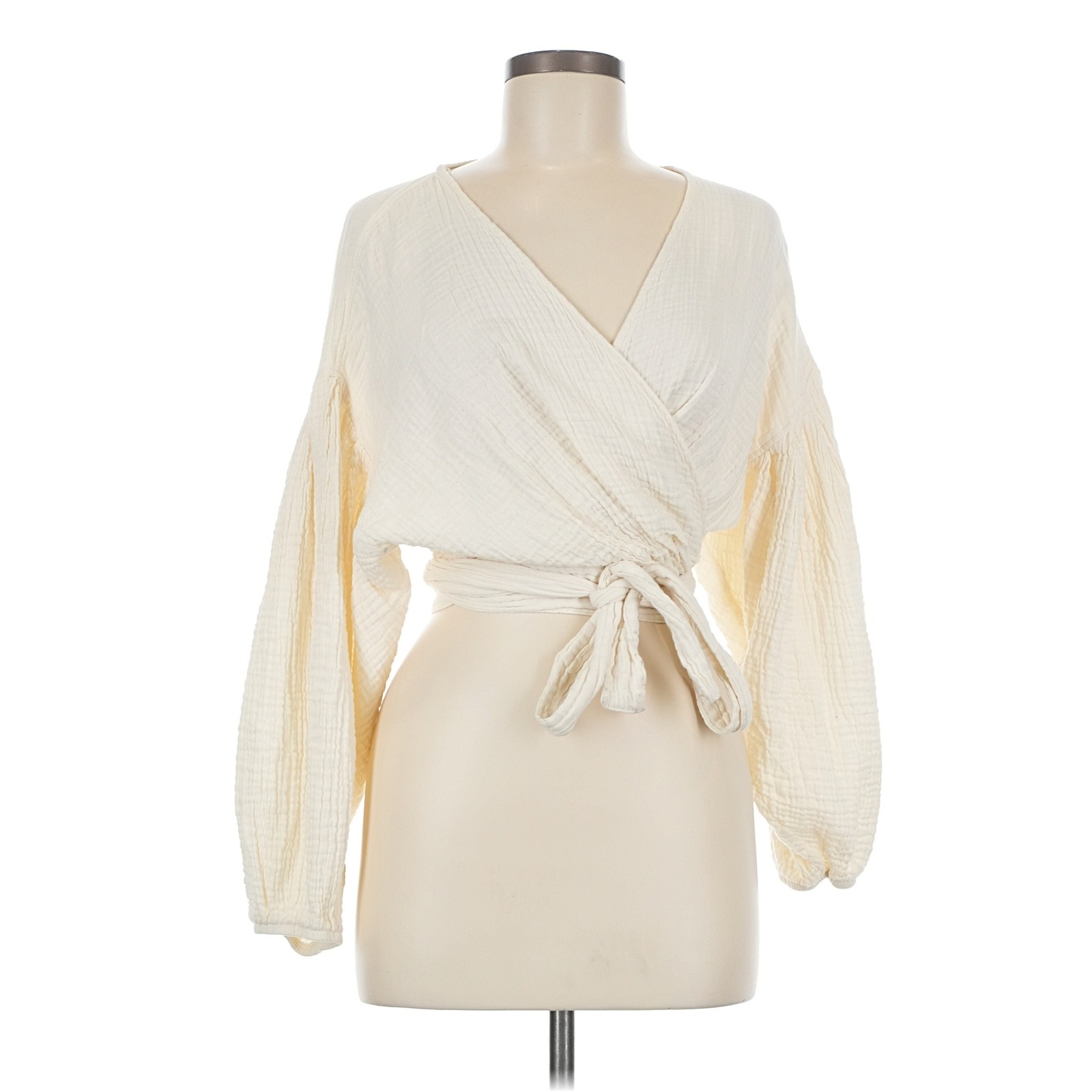 Pokoloko Cotton Gauze Balloon Sleeve V-Neck Wrap Top Top In Cream Size Os